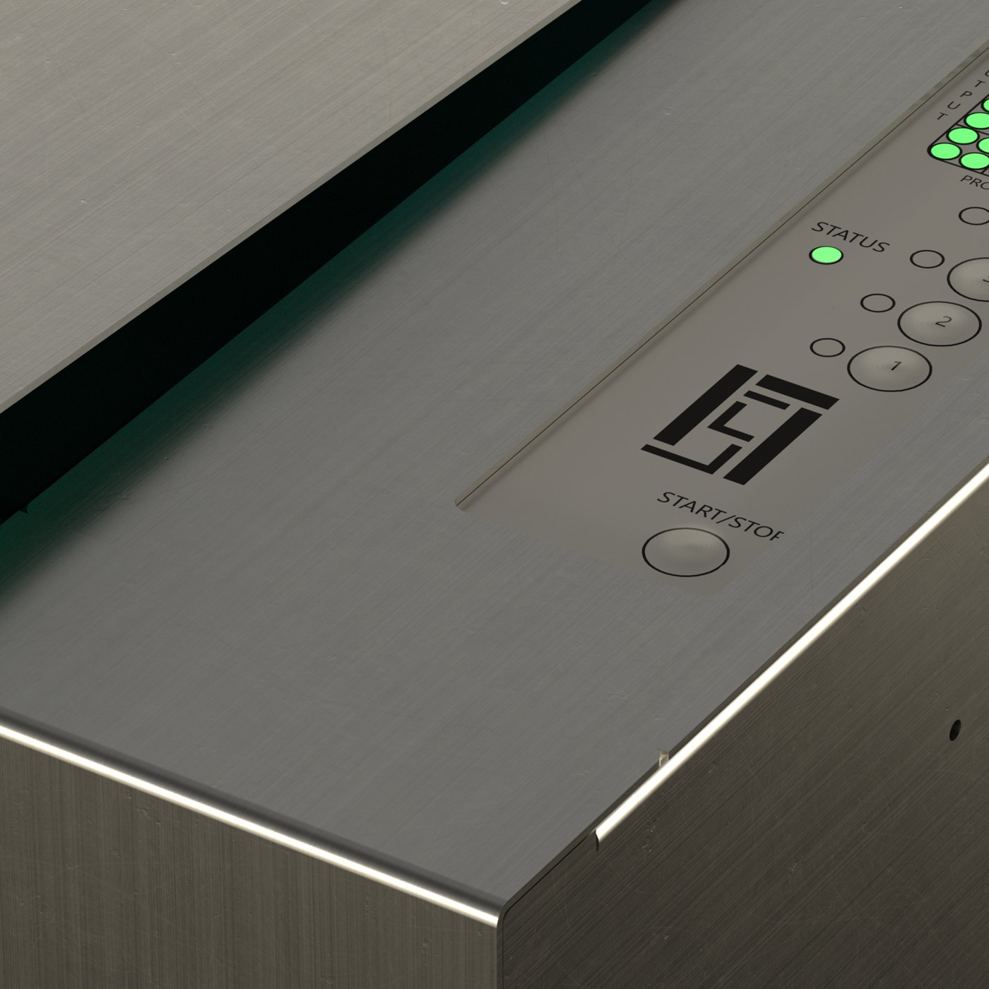 Rendered RLX MK1 UV-C reactor, hood closed, showing the brushed-metal lid and control interface with the F.A.S.T. mark