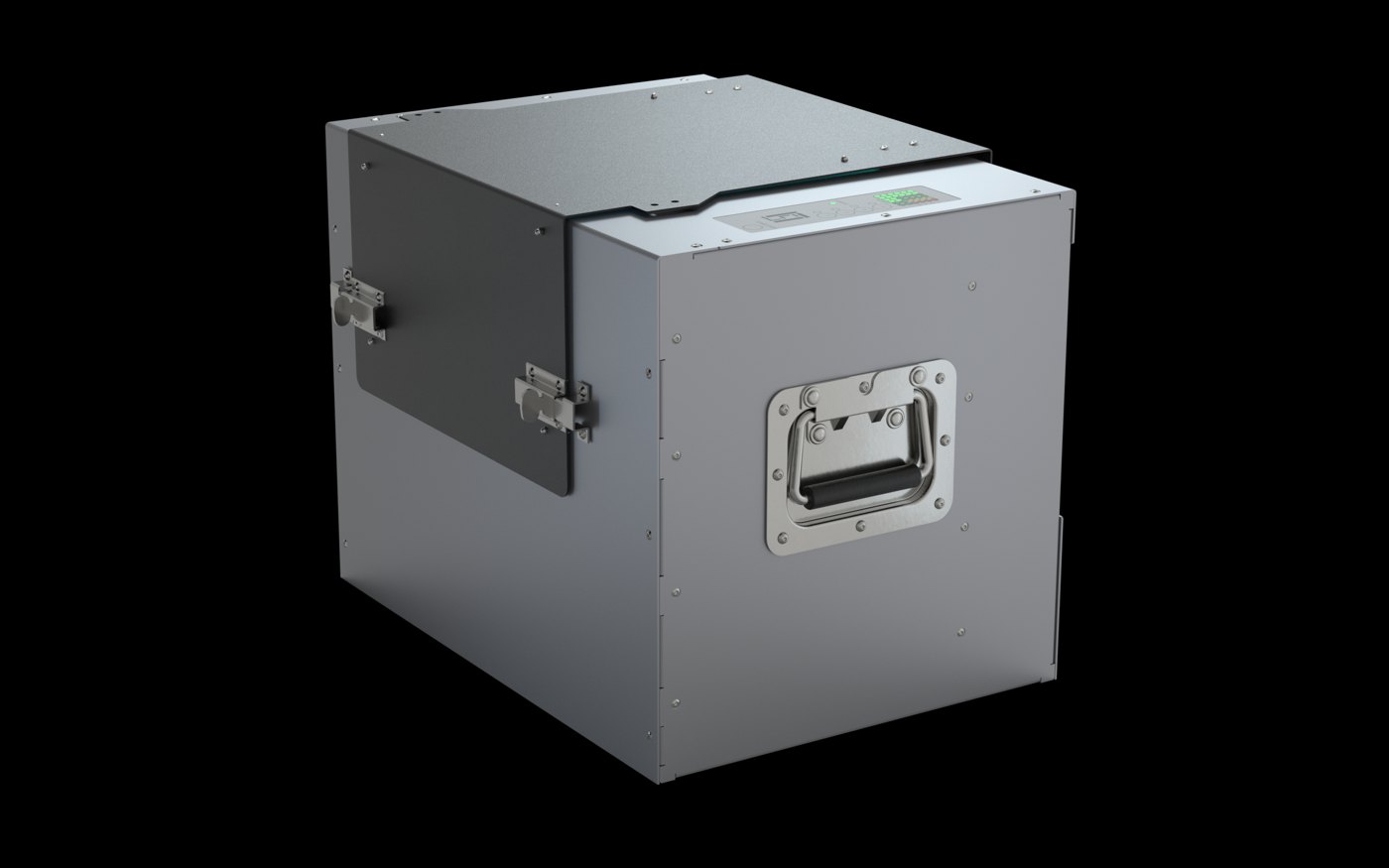 Rendered RLX MK1 enclosure, hood closed, showing the manufacturable housing with handle and latches